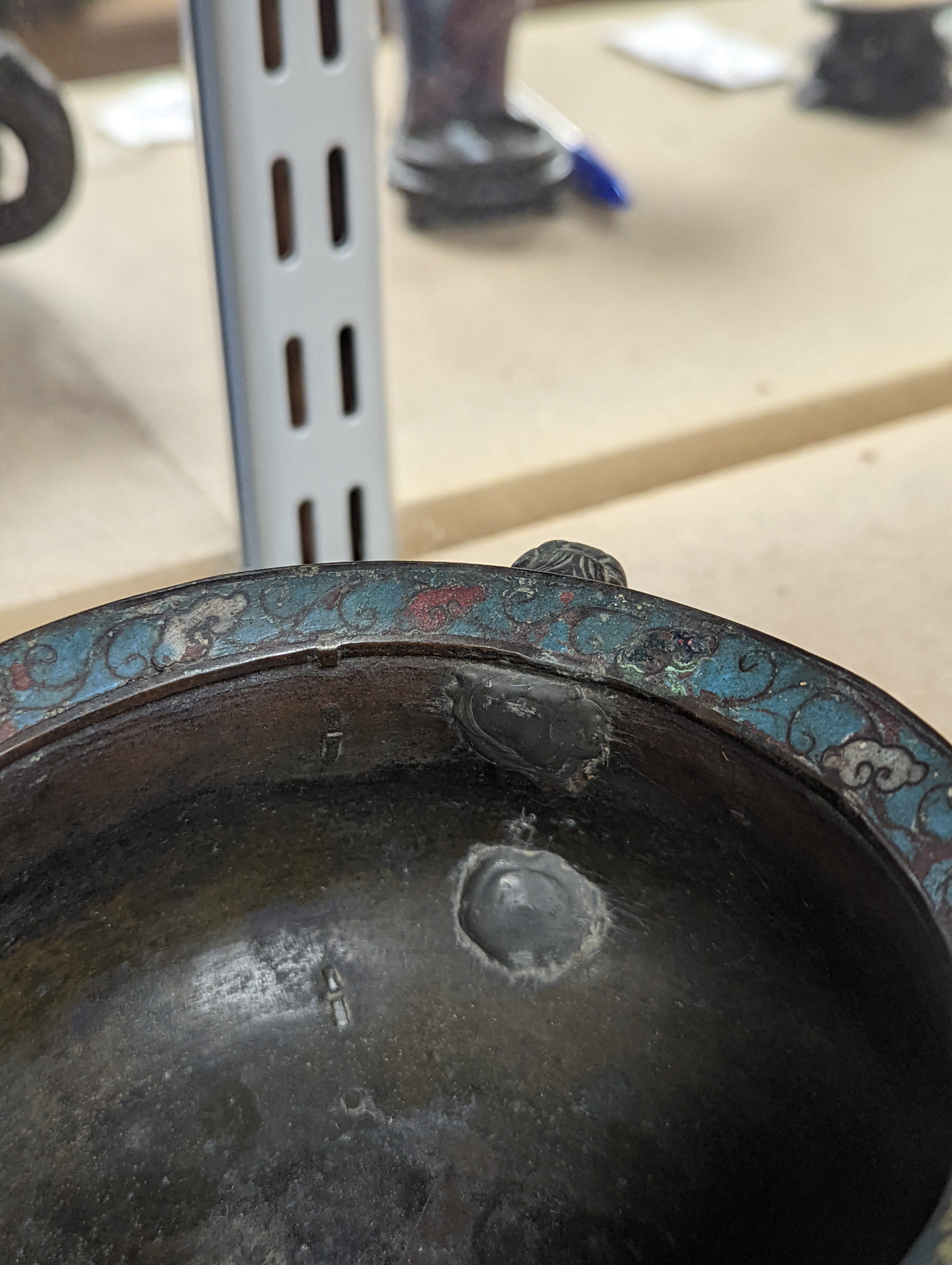 A Chinese late Ming dynasty bronze and cloisonné enamel ding censer 18cm